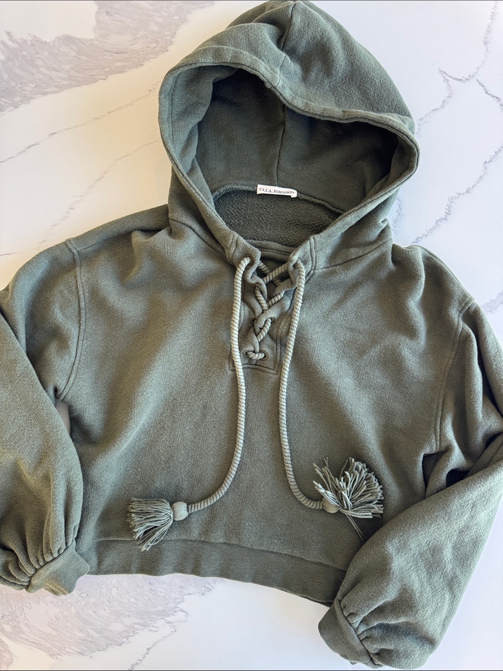 Ulla Johnson Women's Mel Hoodie moss green Tassel Hoodie Cotton Size Small